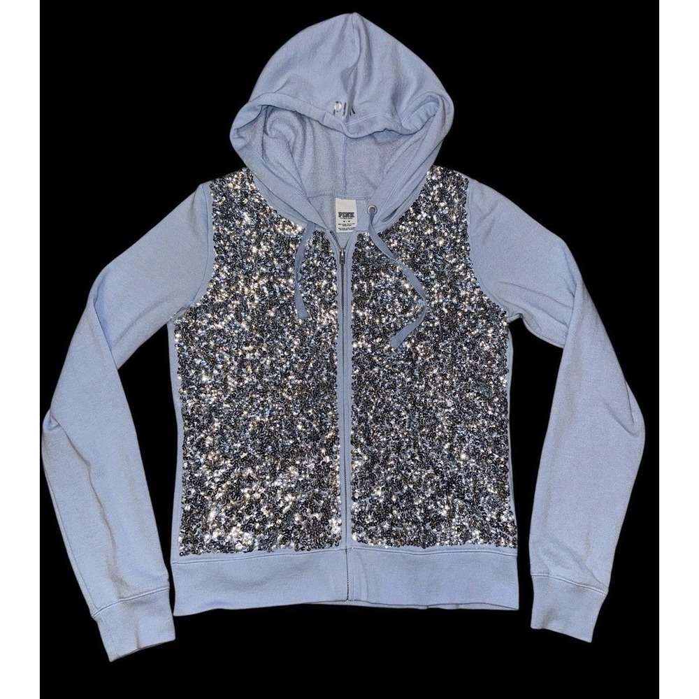 PINK Fashion Show Victoria's Secret Hoodie M Blue Sequin Full Zip Sweatshirt
